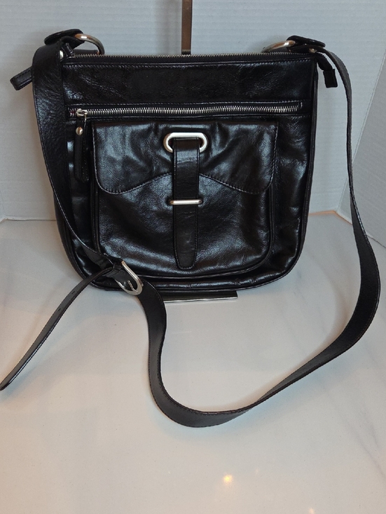 Danier Handbags - Danier Black Leather Crossbody with Front Pocket and Silver Hardware